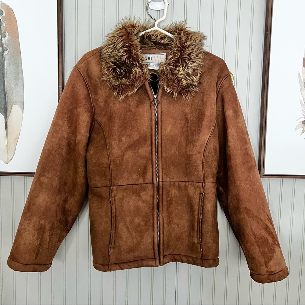 Pulse Vintage Suede Coat with Fur Collar Barn Style Chestnut Brown
